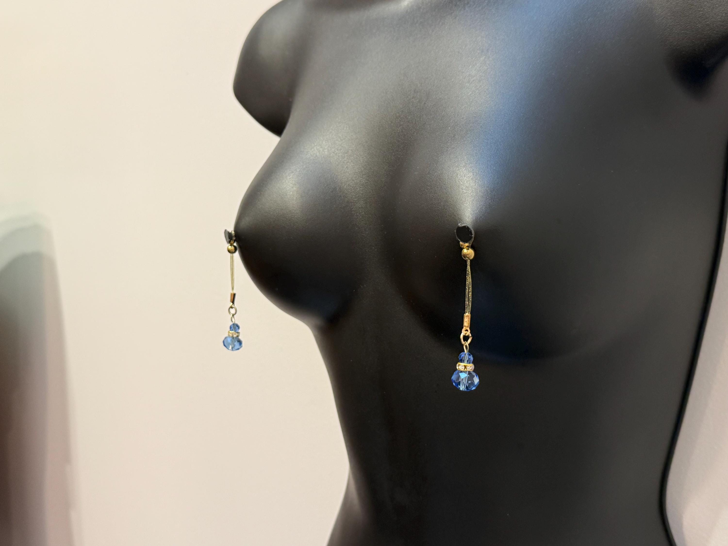 Blue Crystal Nipple Jewelry | 18K Gold Plated Non-Piercing Nip Tips | Discreet Packaging