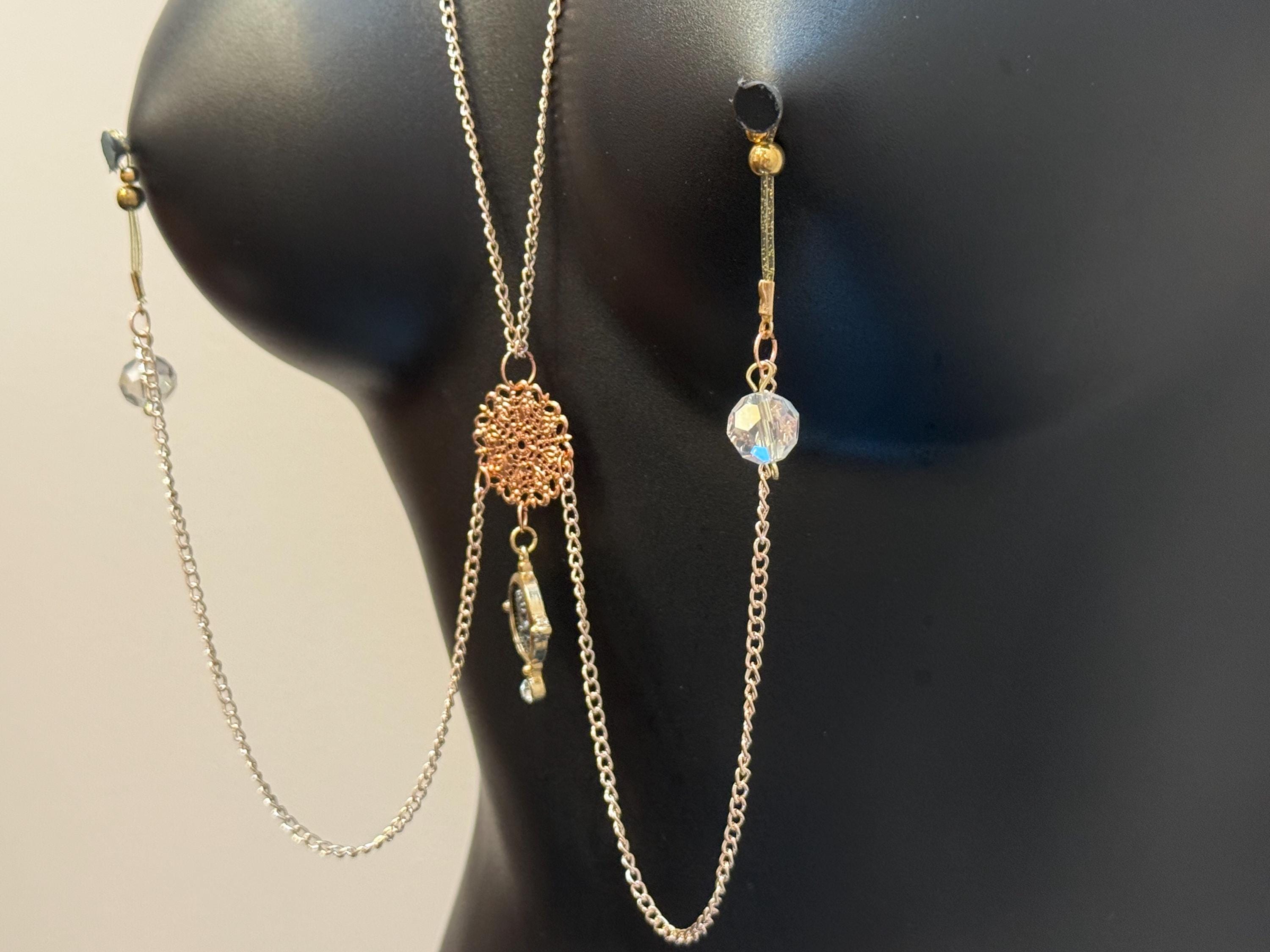 Rose Gold Nipple Jewelry | Filigree Body Chain with Clear Balls | Discreet Packaging
