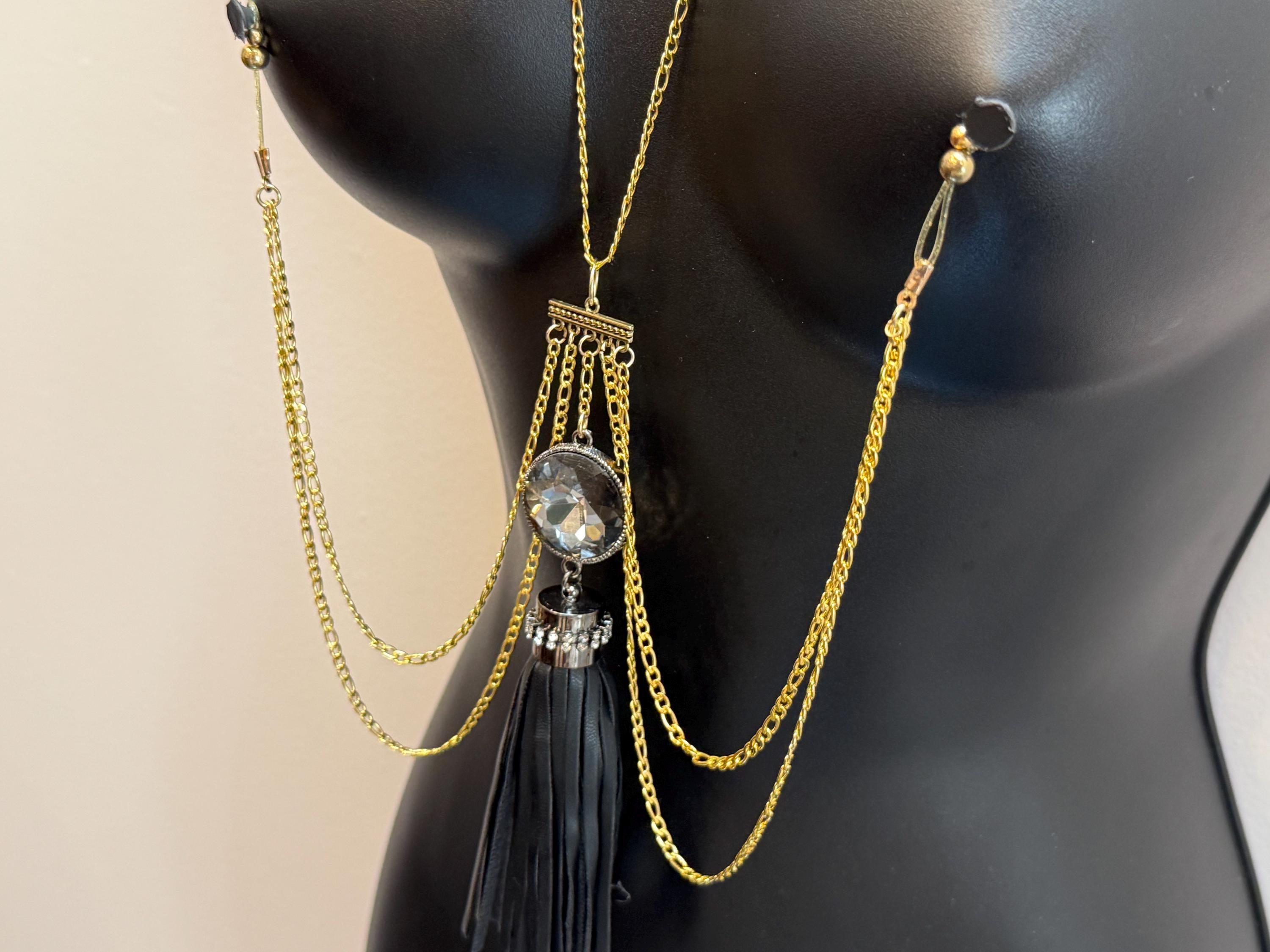 Black Tassel Gem Nipple Jewelry | 18K Gold Plated Necklace | Discreet Packaging
