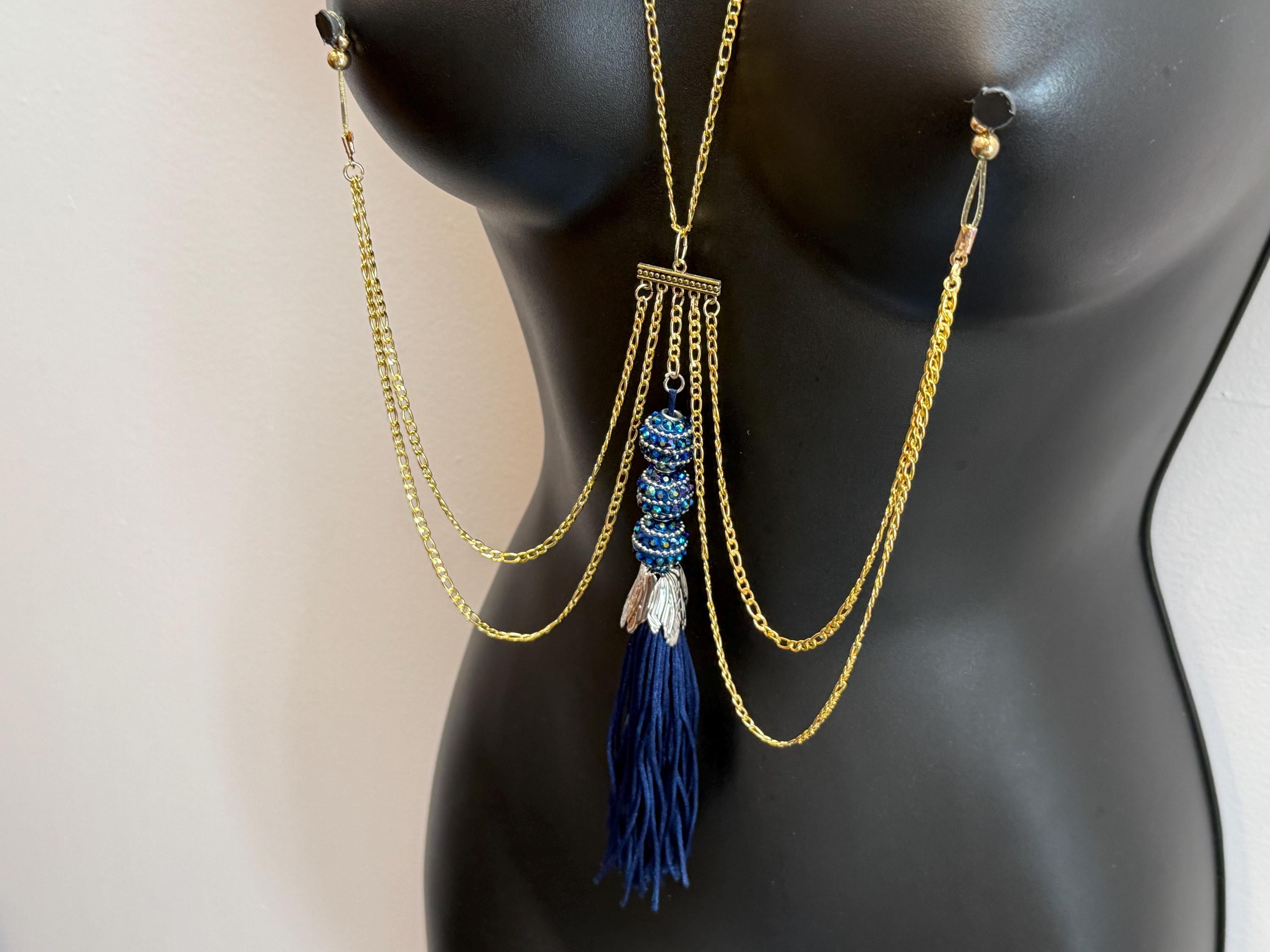 18K Gold Plated Nipple Jewelry with Blue Tassel | Made to Order | Discreet Packaging