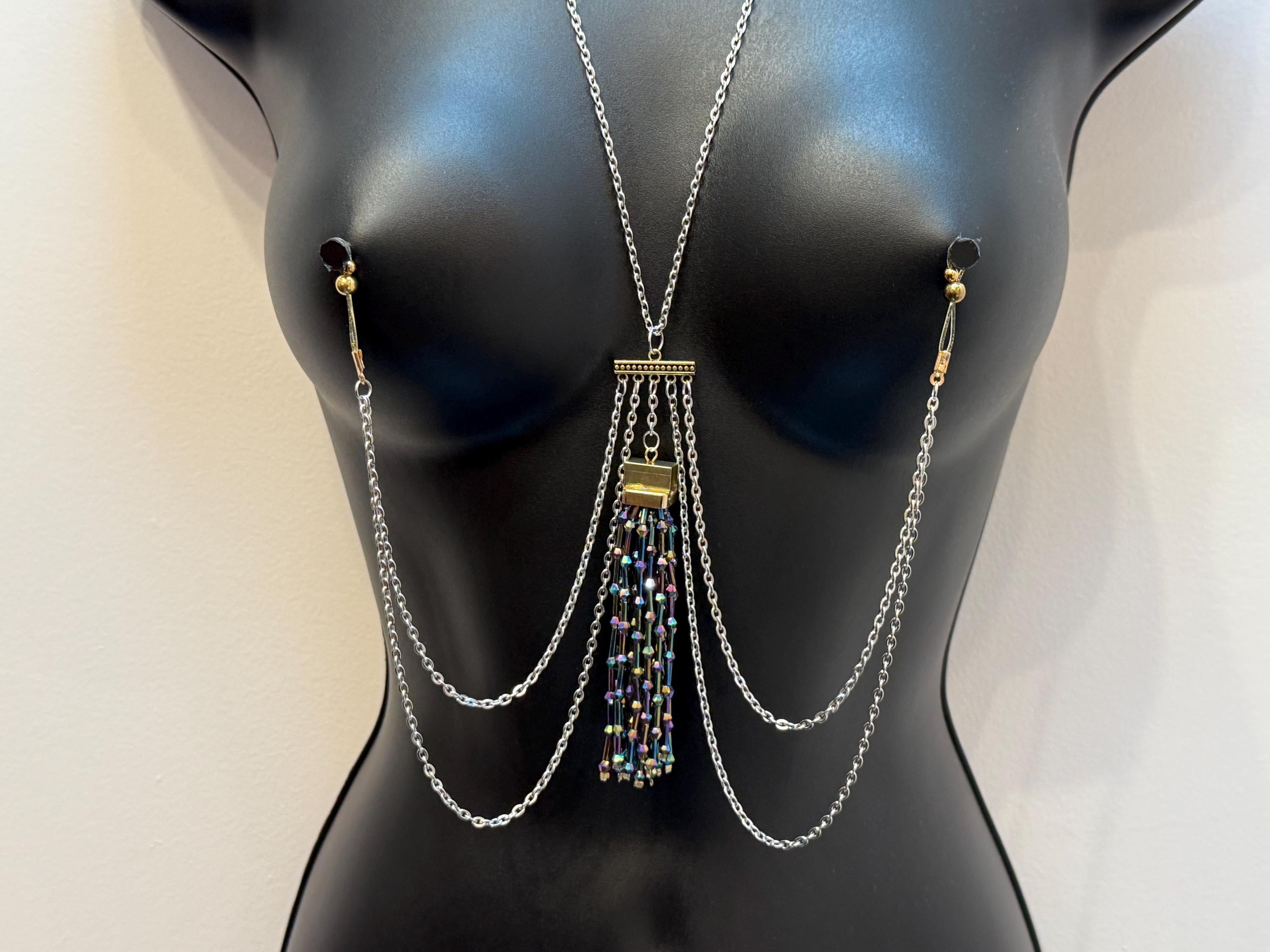 Gold Tone Body Chain Necklace | Rainbow Beaded Tassel | 18K Gold Plated | Discreet Packaging
