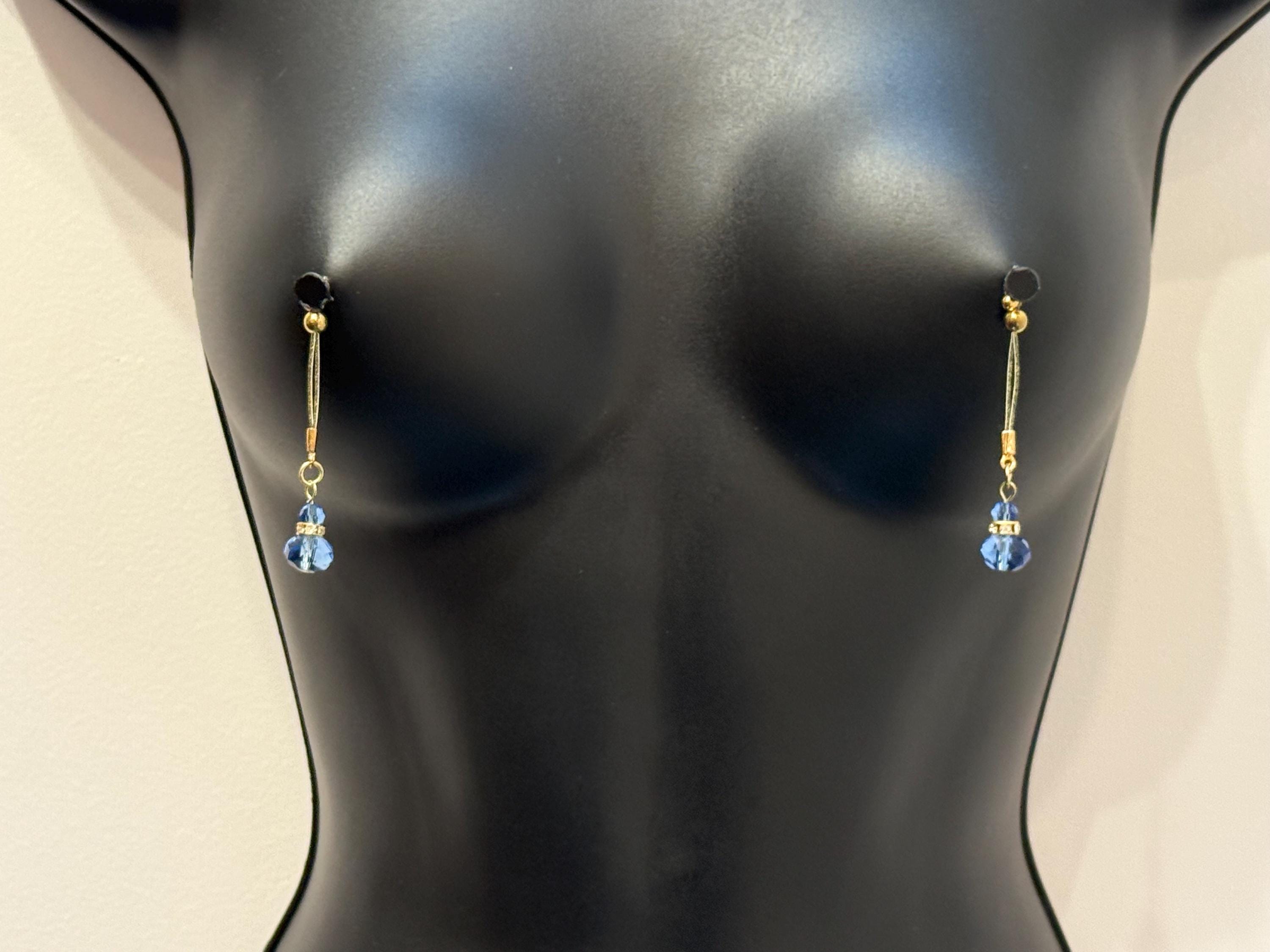 Blue Crystal Nipple Jewelry | 18K Gold Plated Non-Piercing Nip Tips | Discreet Packaging