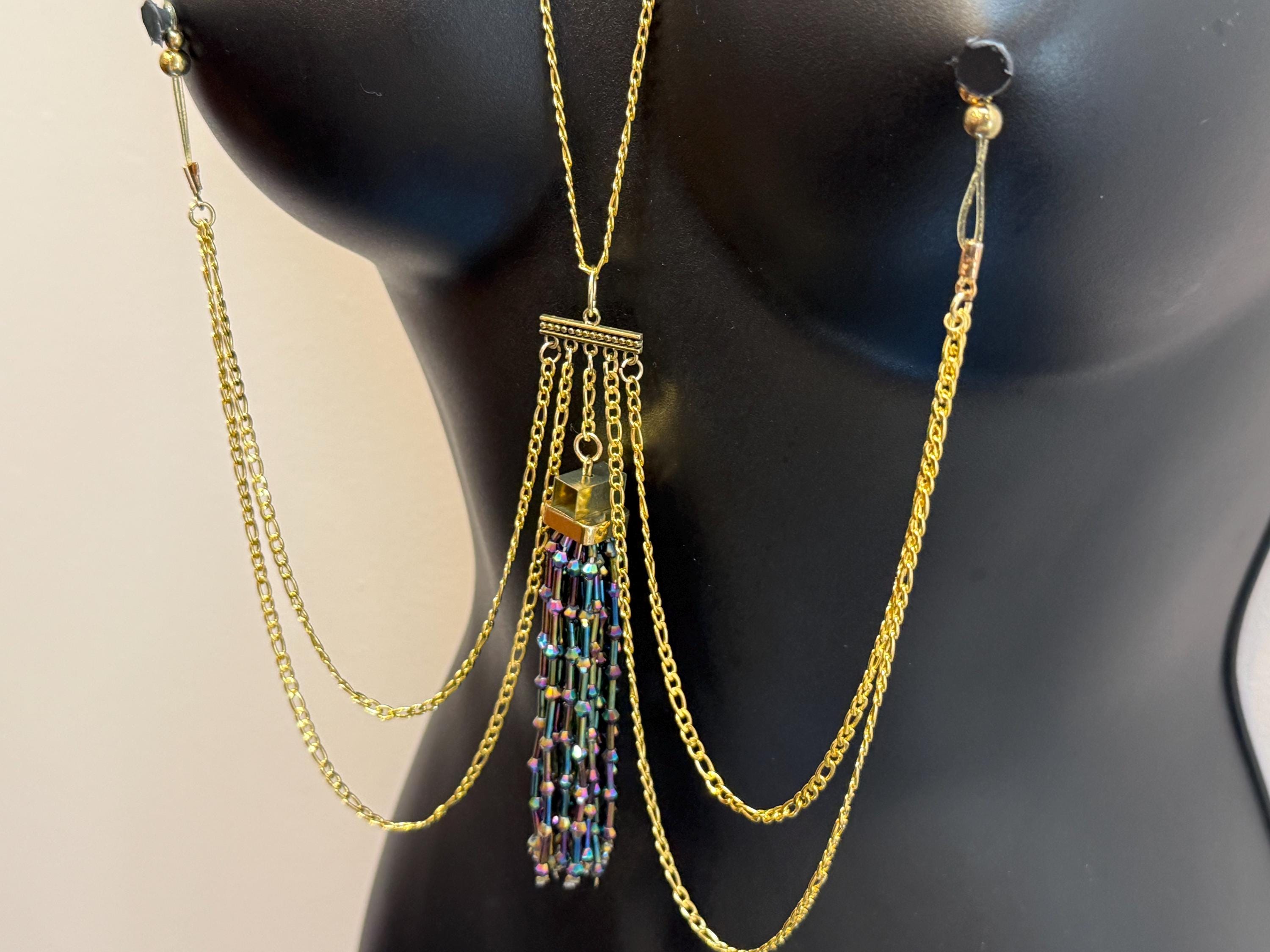 Gold Tone Body Chain Necklace | Rainbow Beaded Tassel | 18K Gold Plated | Discreet Packaging