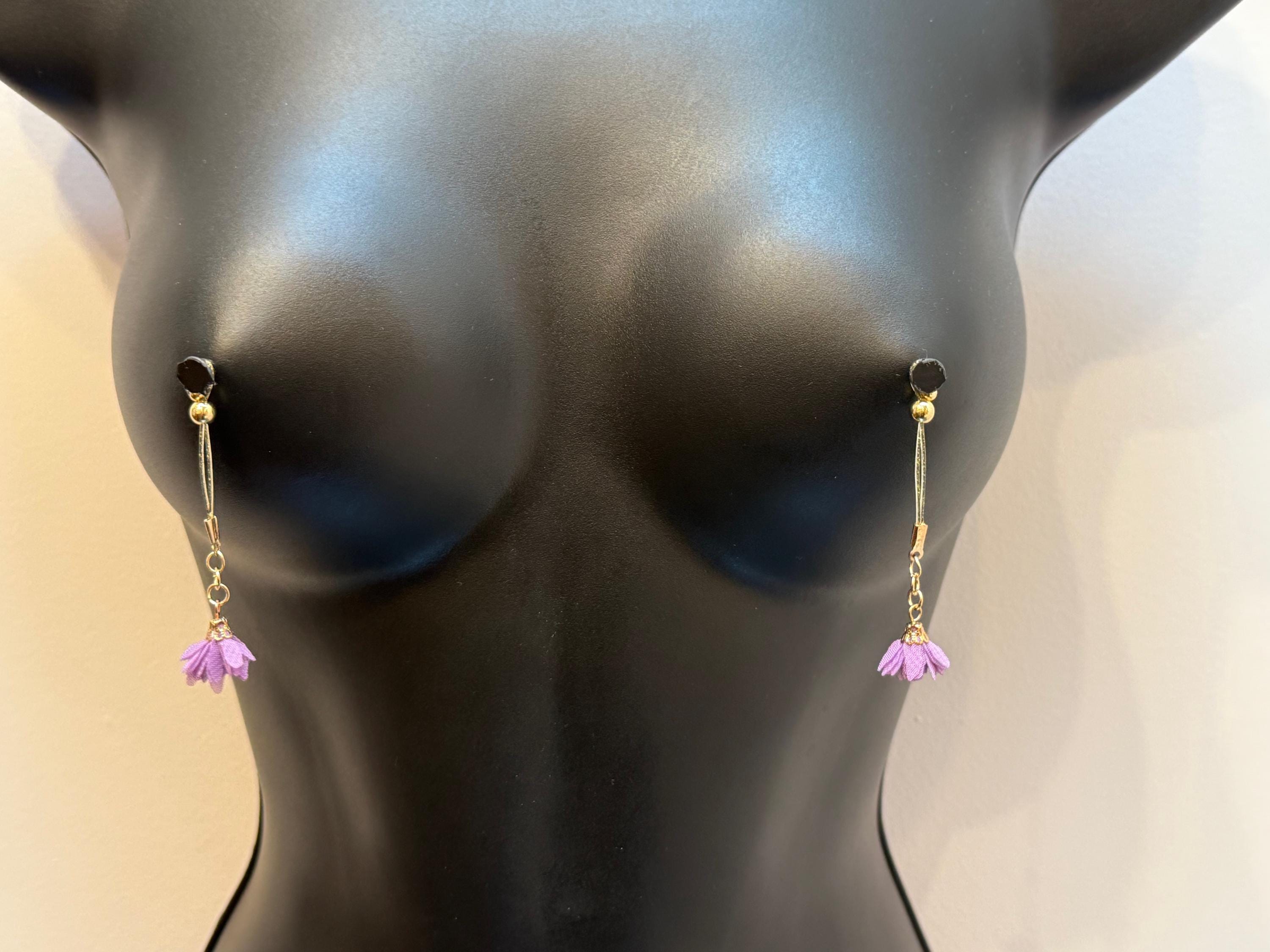 18K Gold Plated Nipple Jewelry | Dangling Flower Charms | Non-Pierced | Discreet Packaging