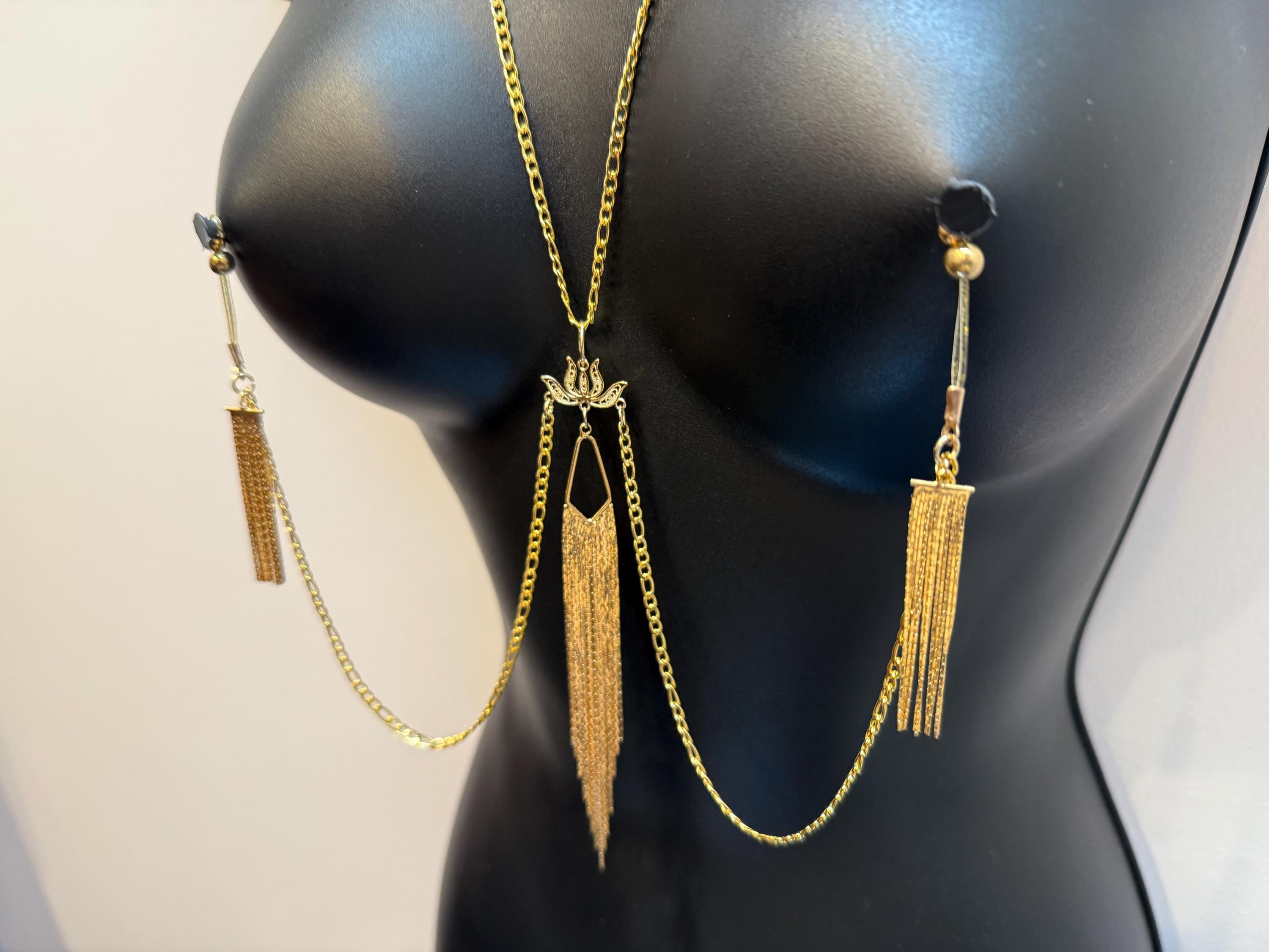 Gold Tassel Body Chain Necklace | 18K Gold Plated Nipple Jewelry | Discreet Packaging