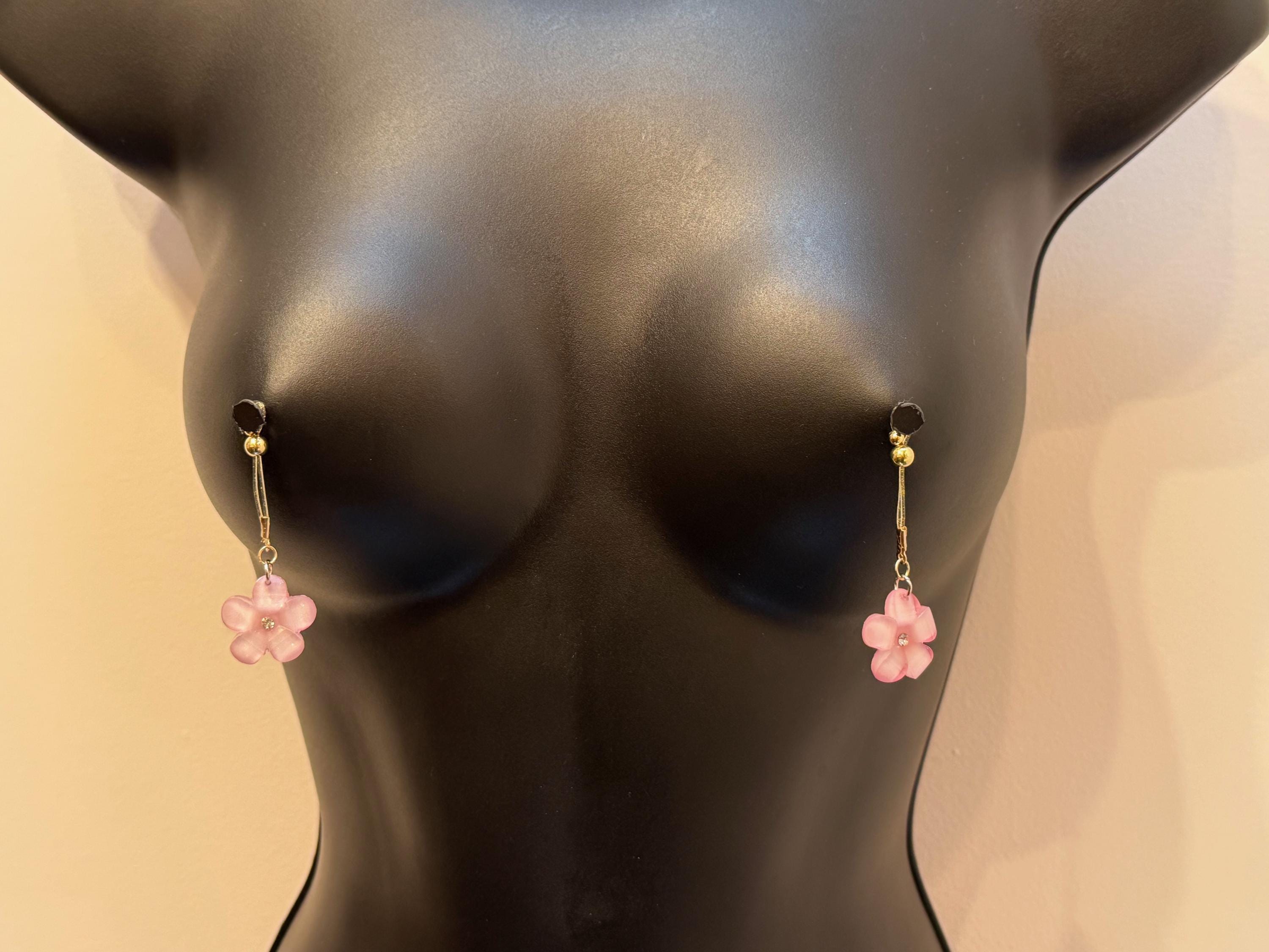 18K Gold Plated Nipple Jewelry | Dangling Flower Charms | Non-Pierced | Discreet Packaging