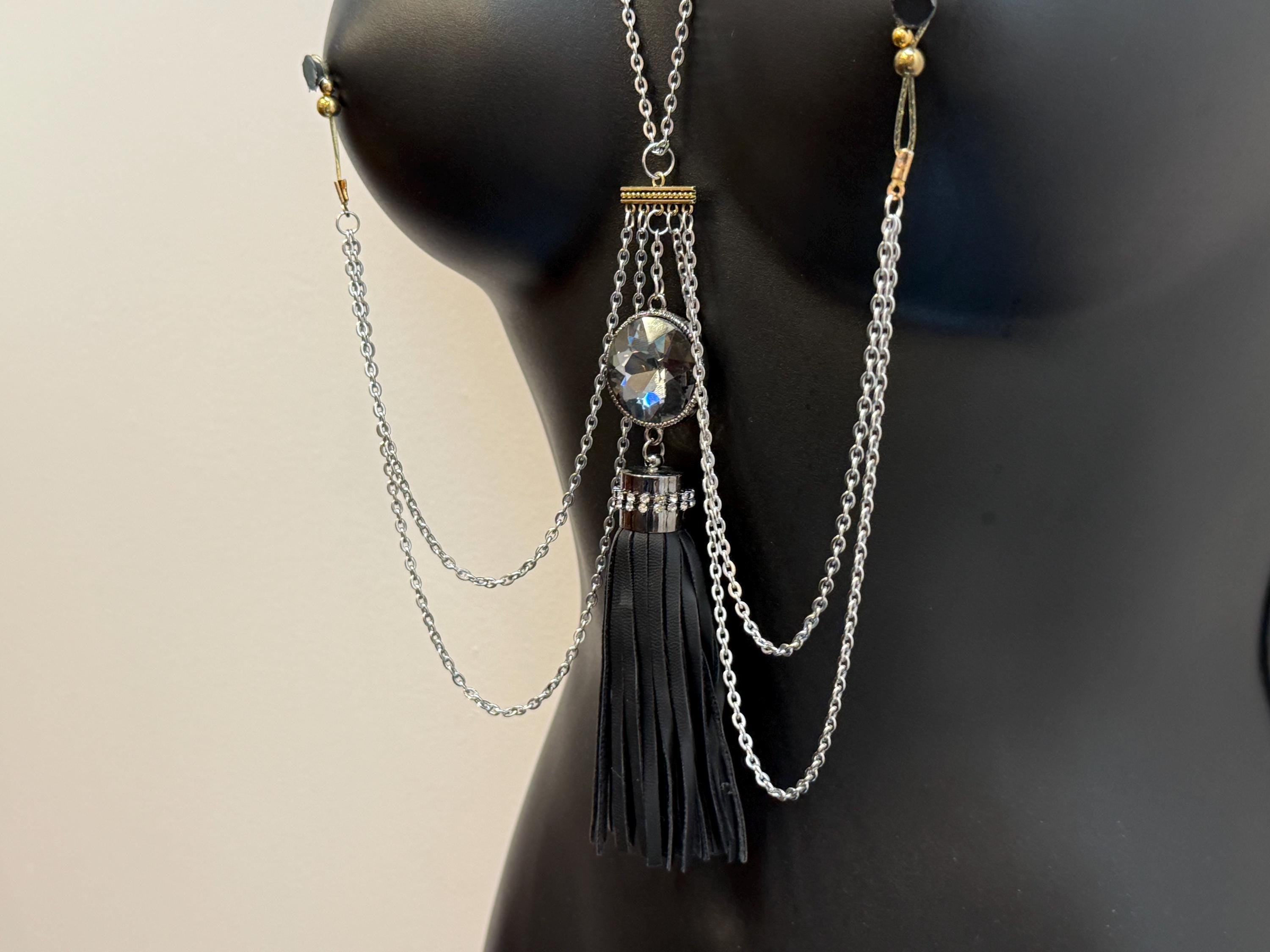 Black Tassel Gem Nipple Jewelry | 18K Gold Plated Necklace | Discreet Packaging