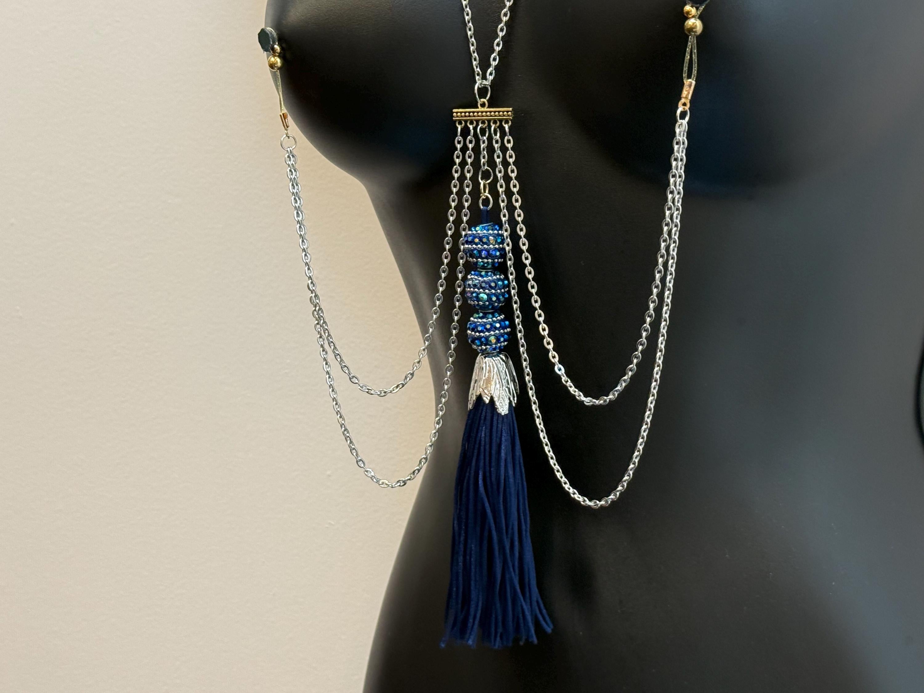 18K Gold Plated Nipple Jewelry with Blue Tassel | Made to Order | Discreet Packaging