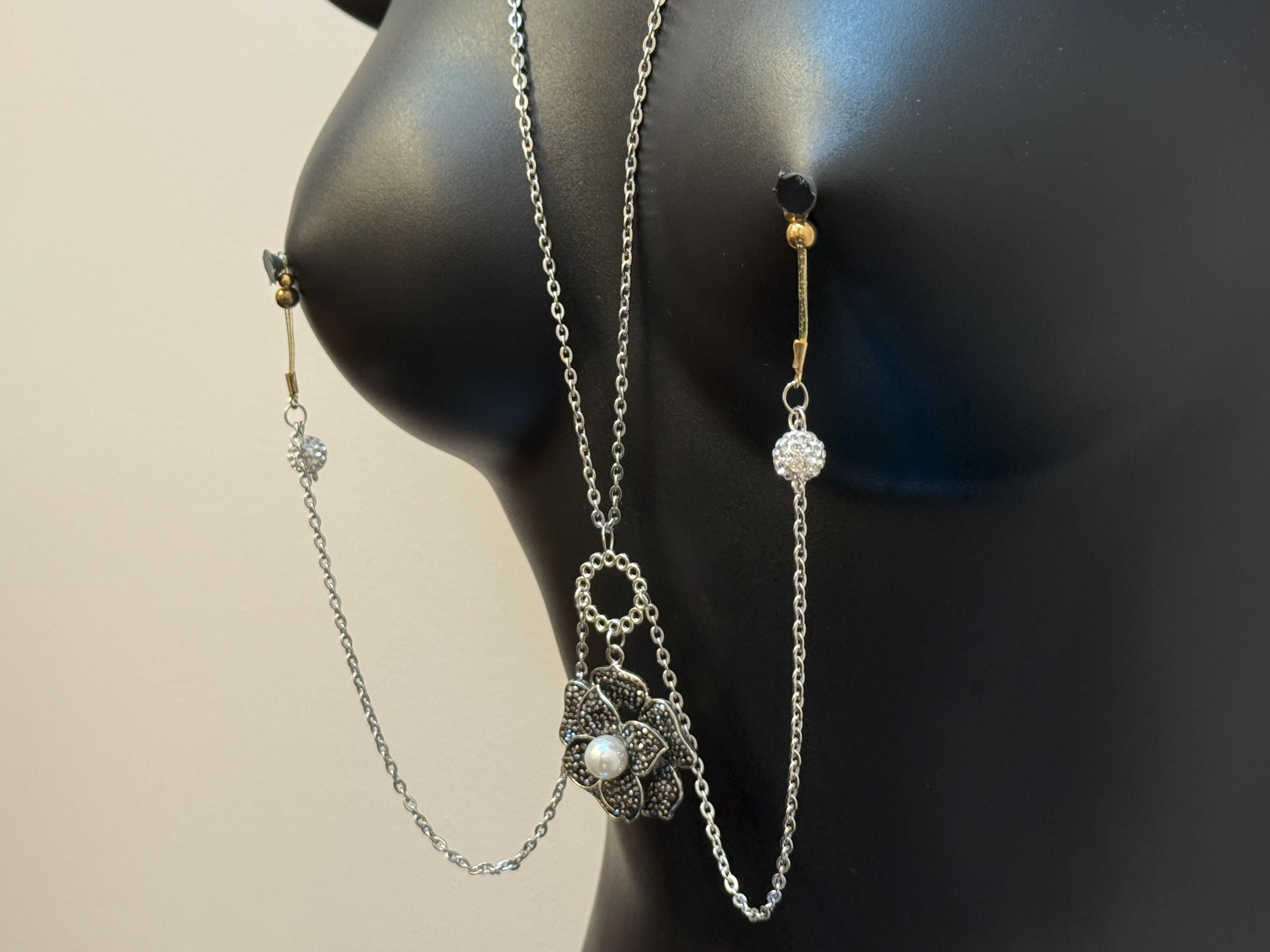 Silver Flower Nipple Jewelry with Disco Ball Dangles | Bohemian Body Chain | Discreet Packaging