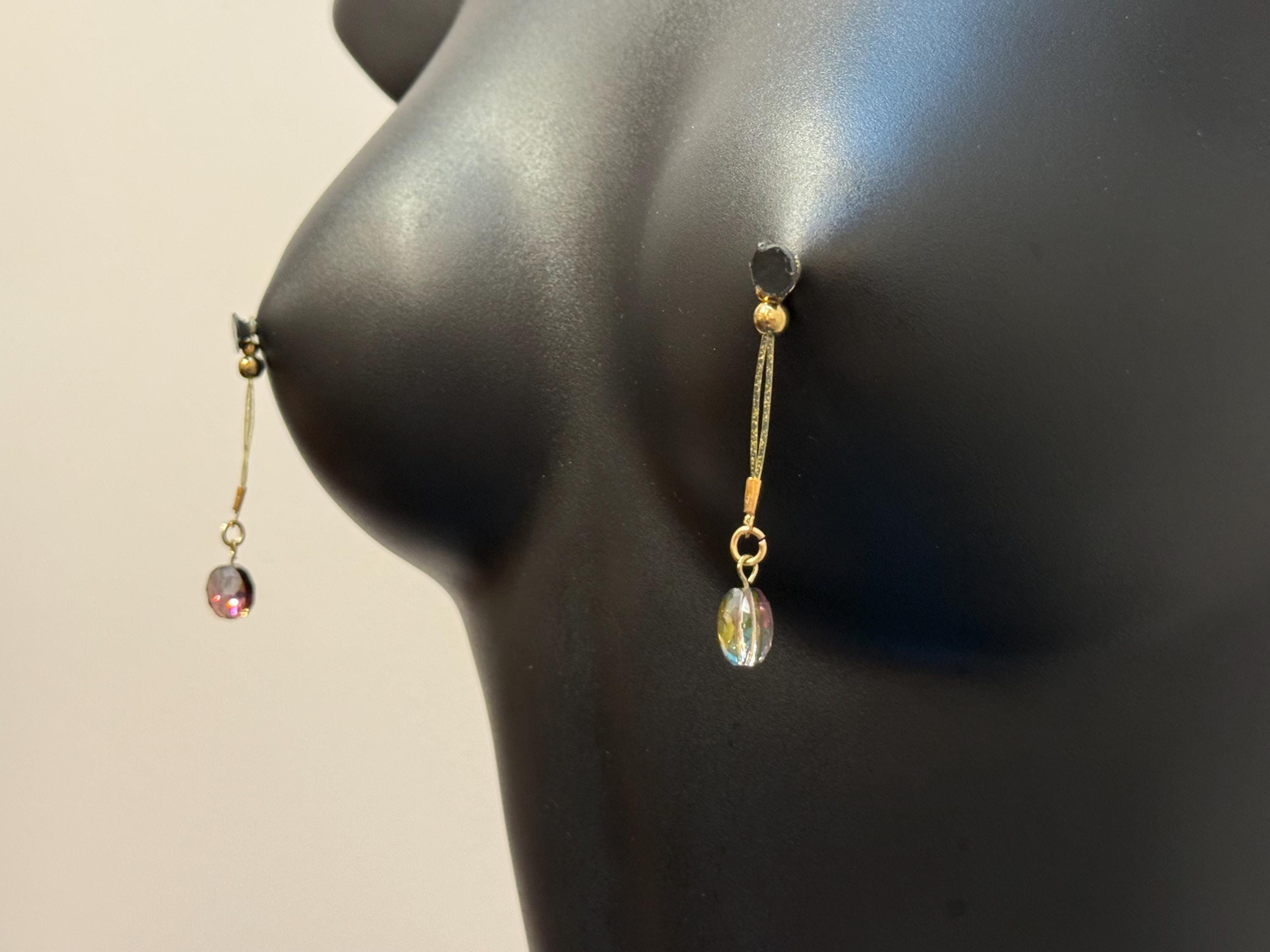 Gold Plated Nipple Jewelry | Clear Oval Gem | Non-Pierced | Discreet Packaging