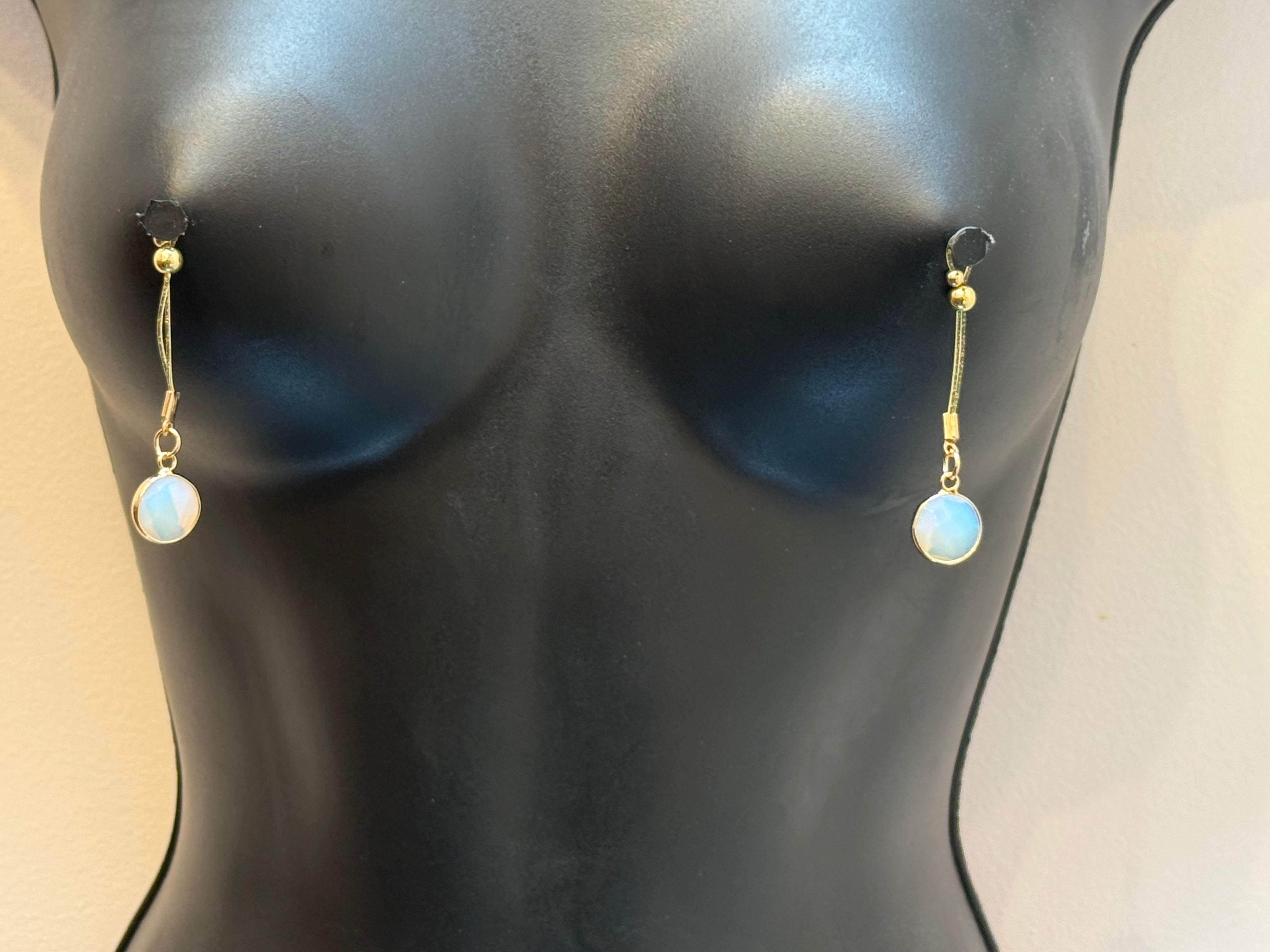 Blue Opal Nipple Tips | Adjustable Non-Piercing Gold Body Jewelry | Discreet Packaging