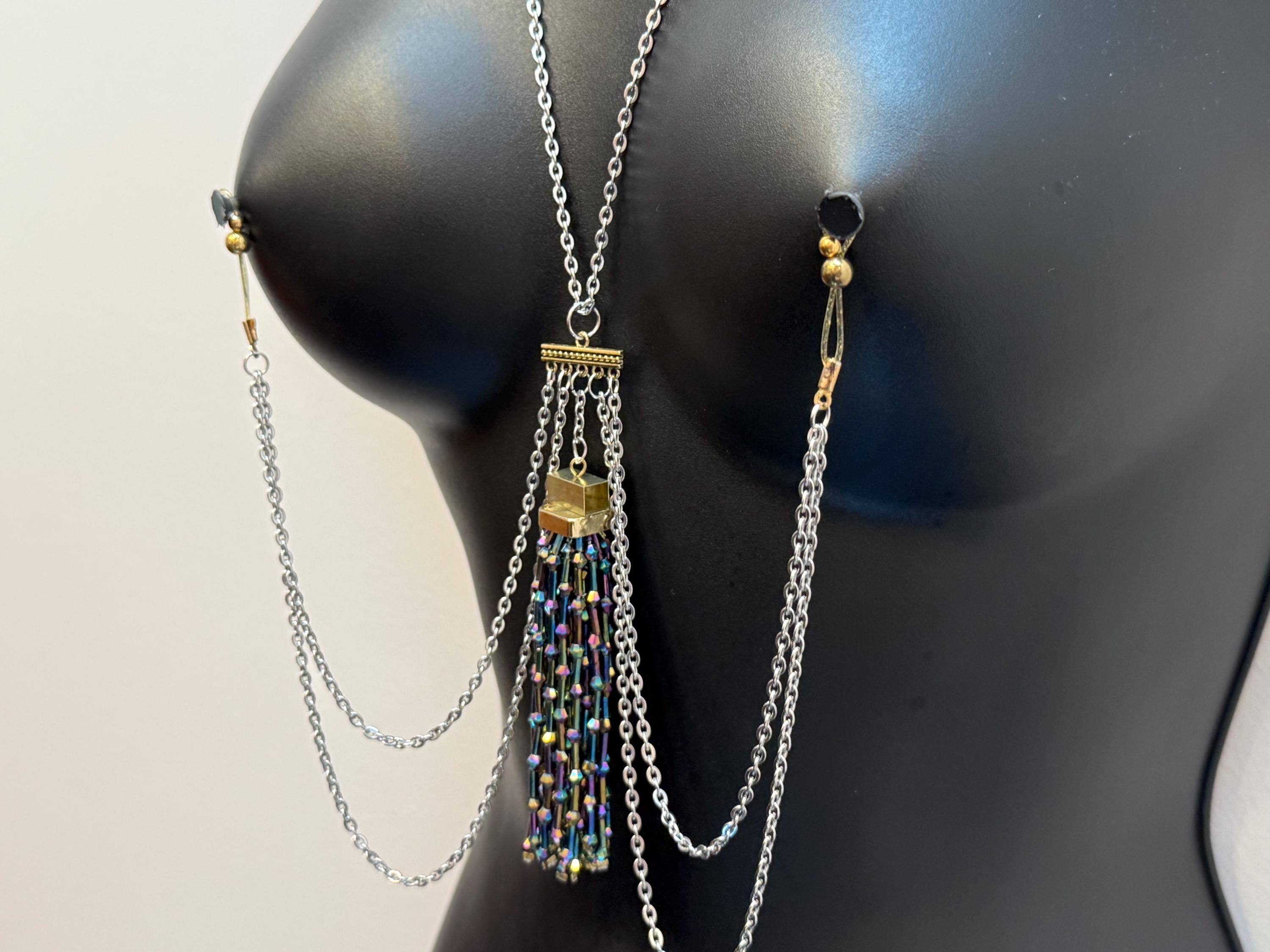 Gold Tone Body Chain Necklace | Rainbow Beaded Tassel | 18K Gold Plated | Discreet Packaging