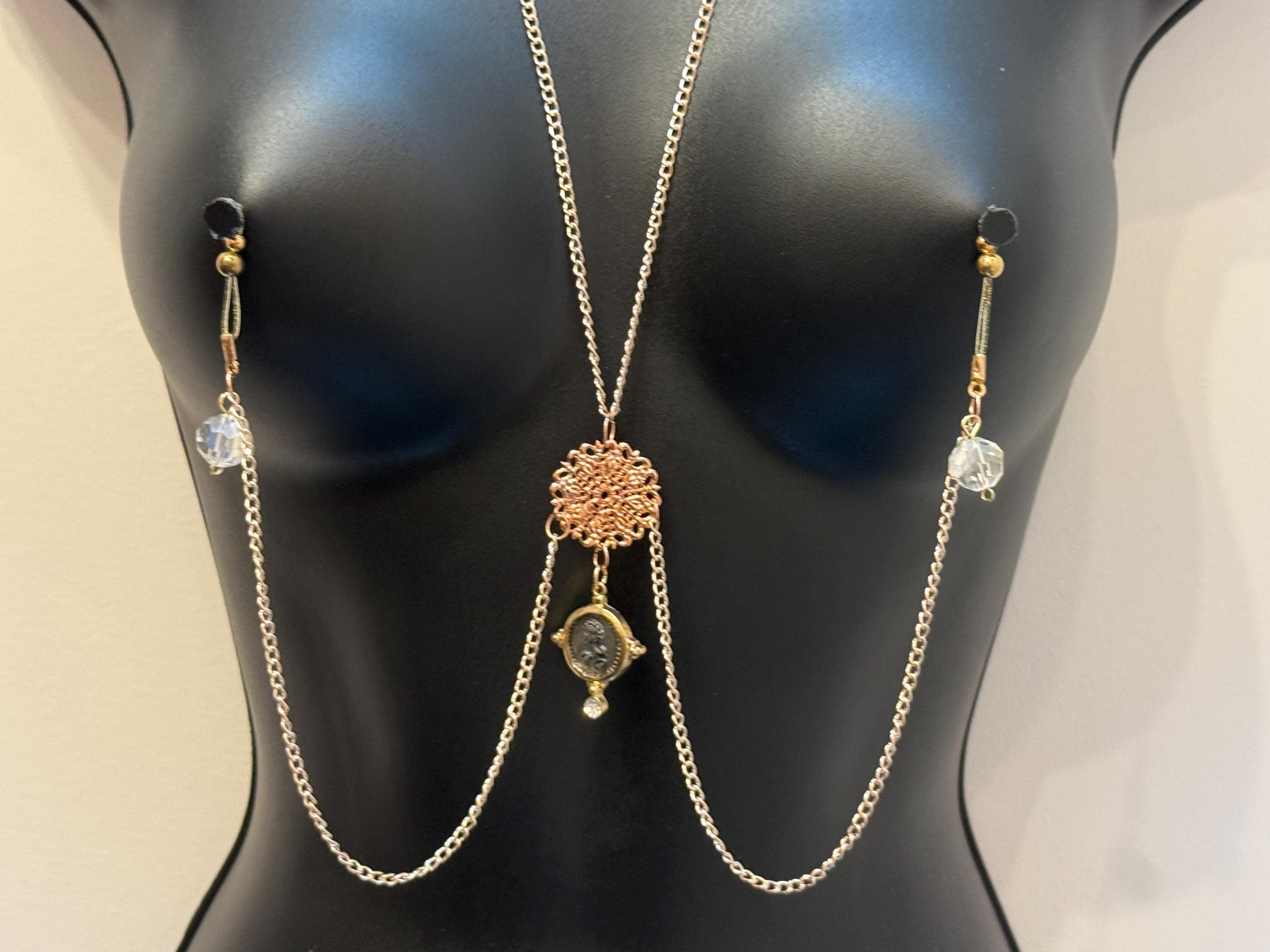 Rose Gold Nipple Jewelry | Filigree Body Chain with Clear Balls | Discreet Packaging