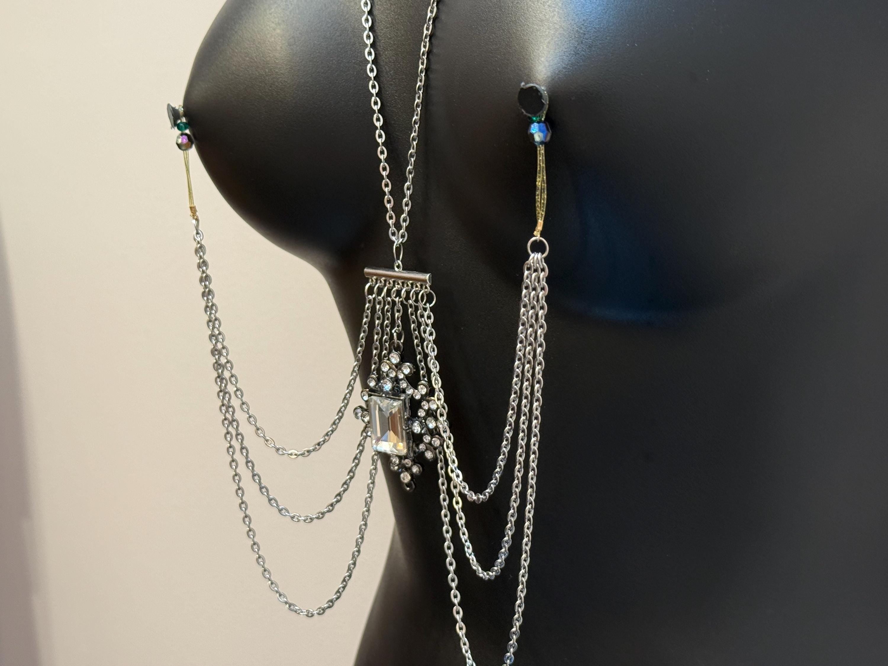 Crystal Body Chain Necklace | Silver Nipple Jewelry | Adjustable Length | Discreet Packaging