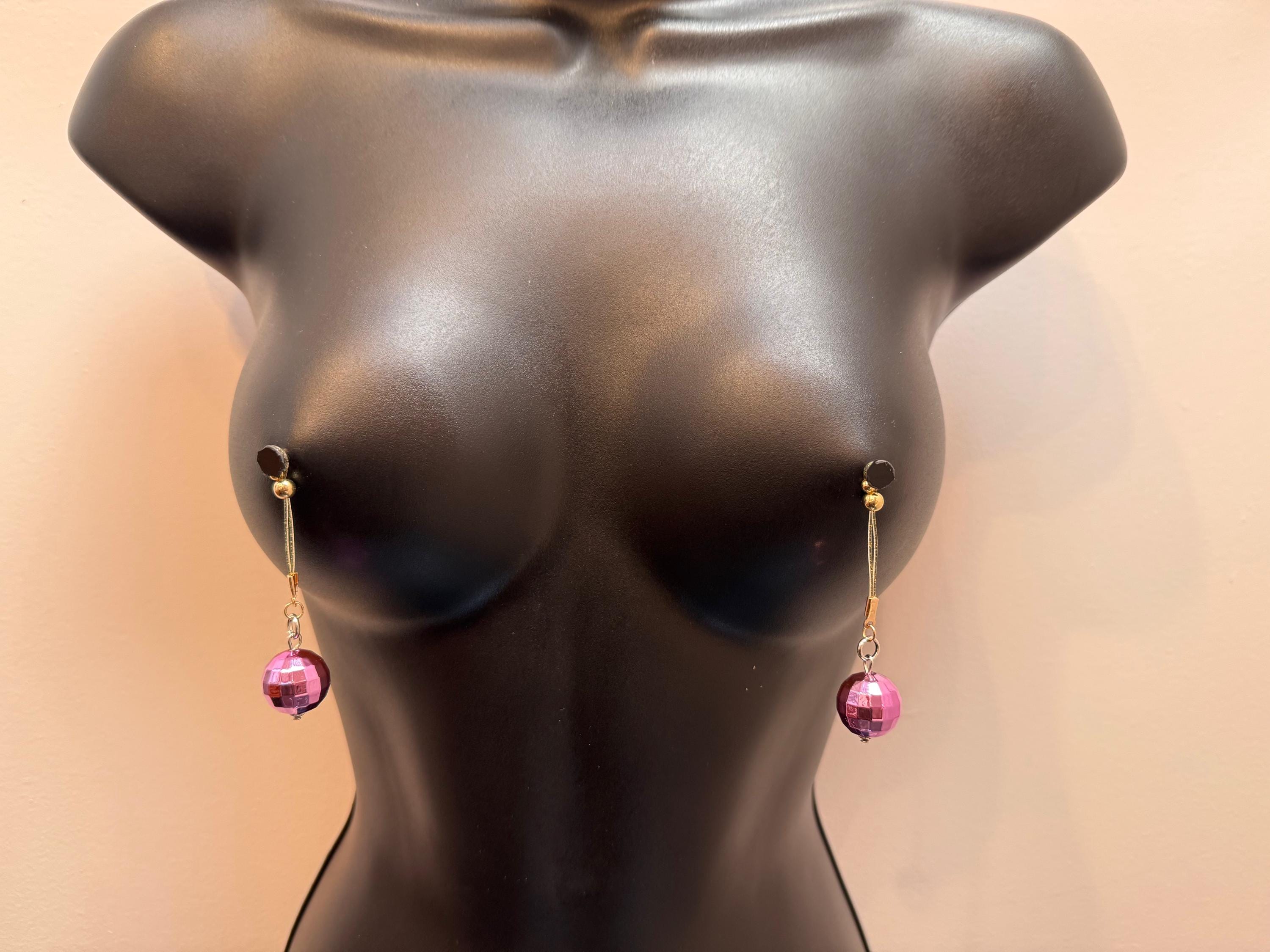 Dangling Disco Ball Nipple Jewelry | 18K Gold Plated Nip Tips | Non-Pierced | Discreet Packaging