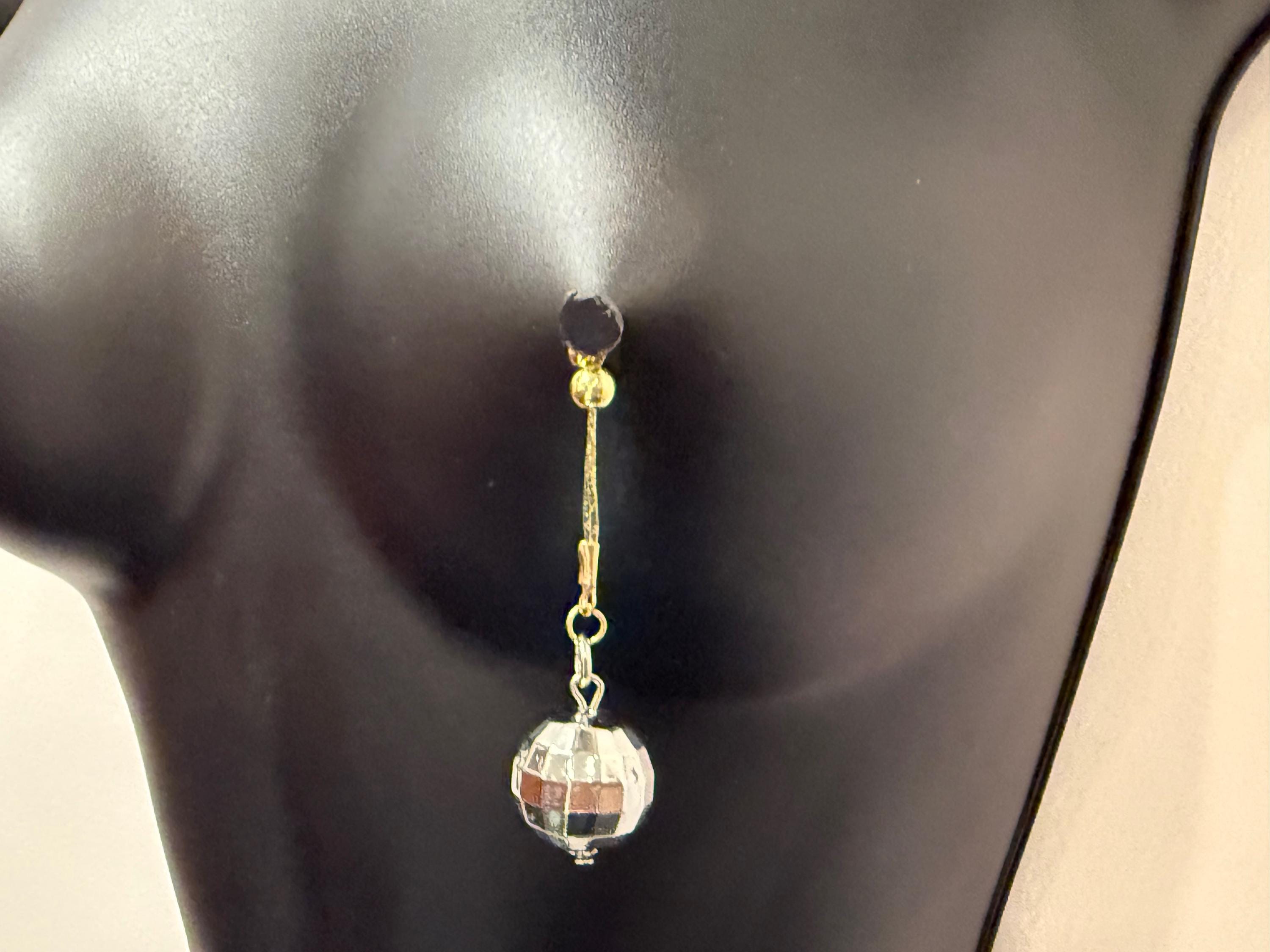 Dangling Disco Ball Nipple Jewelry | 18K Gold Plated Nip Tips | Non-Pierced | Discreet Packaging