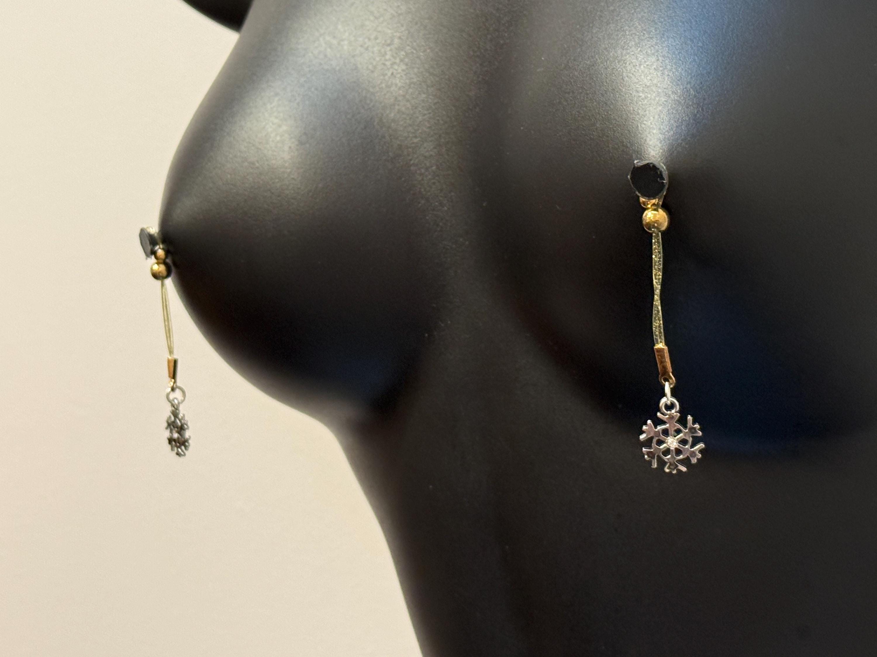 Silver Snowflake Nipple Jewelry | Non-Pierced Dangling Nip Tips | Discreet Packaging
