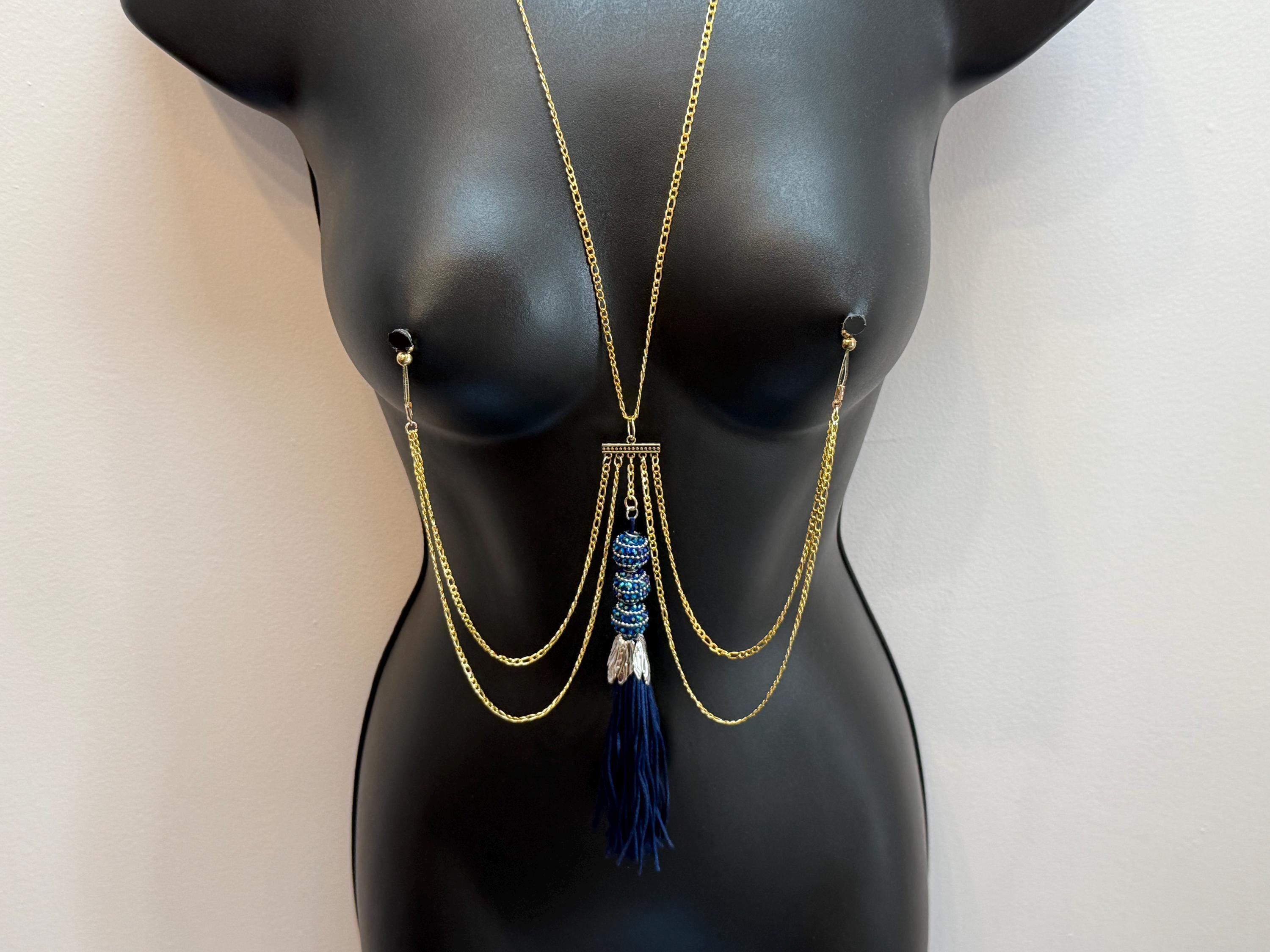 18K Gold Plated Nipple Jewelry with Blue Tassel | Made to Order | Discreet Packaging