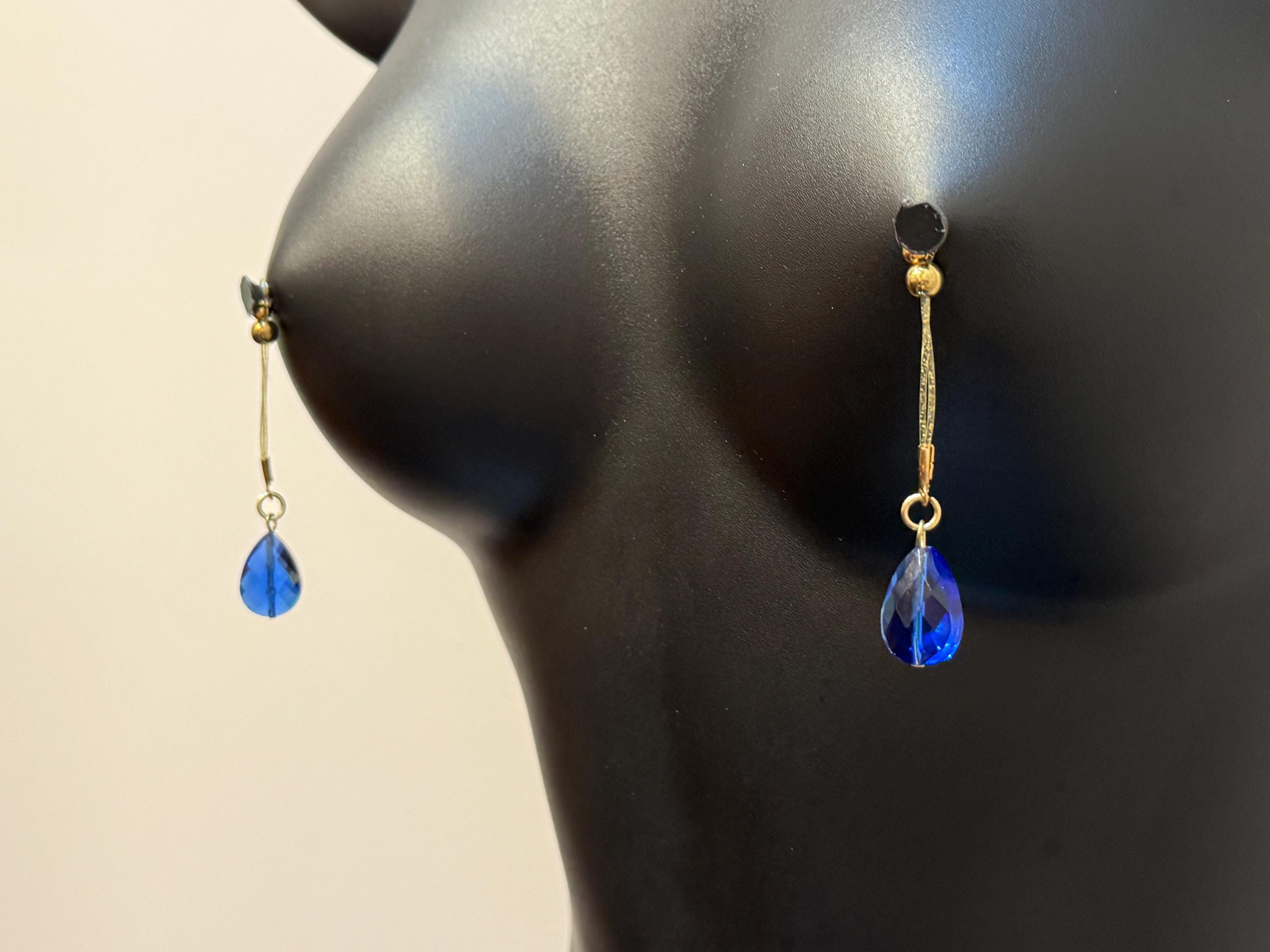 Blue Teardrop Nipple Jewelry | 18K Gold Plated Non-Piercing Nip Tips | Discreet Packaging